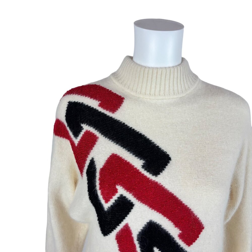 Vintage 80s Wool Sweater Women's Medium Angora Geometric Red Black Cream - Picture 5 of 9